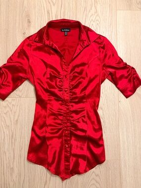 Le Château Red Satin Lace Up Back Corset Blouse Ruched Office Siren XXS